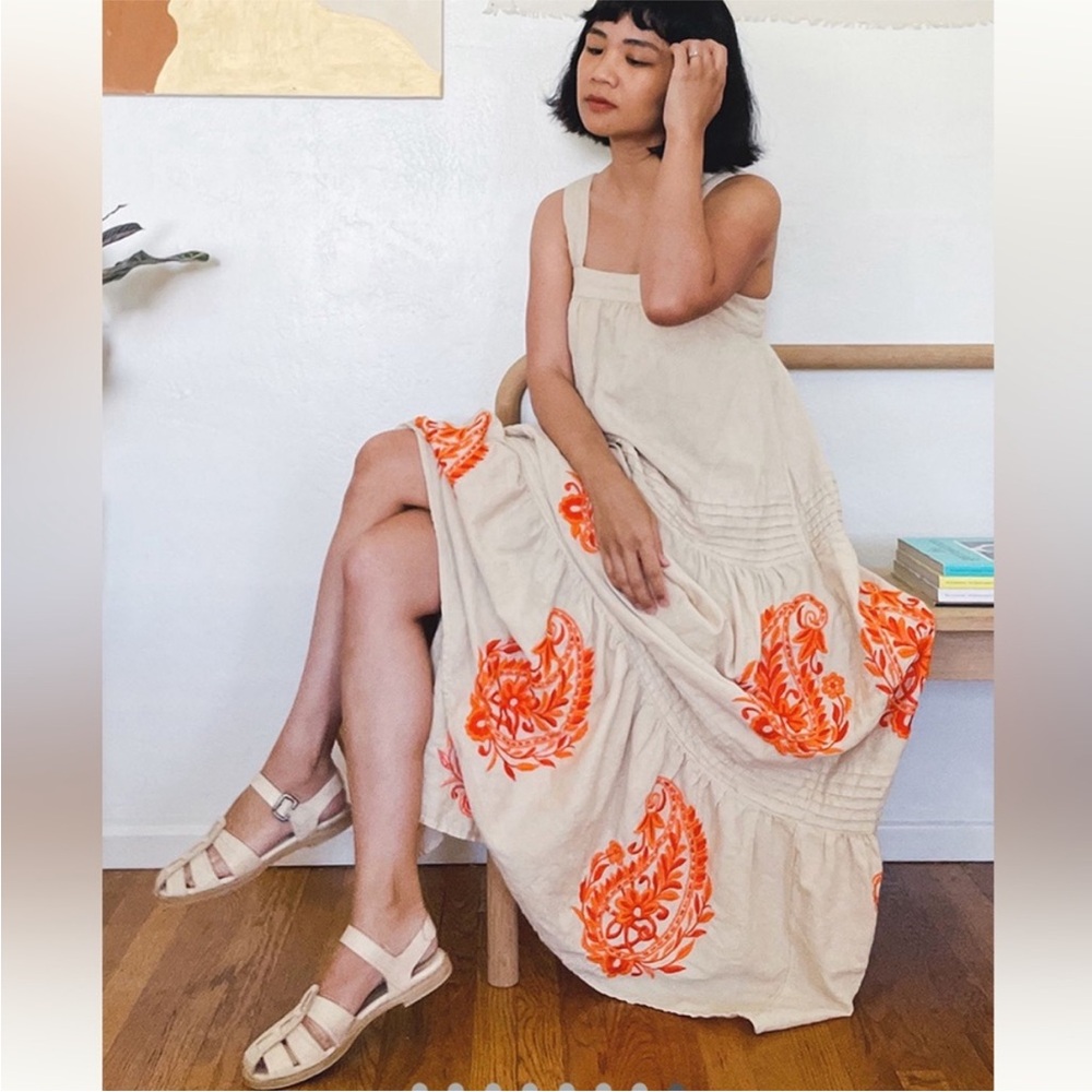 Anthropologie felicity embroidered maxi dress oatmeal and Orange S M - Picture 2 of 11